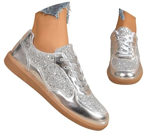 EQWIGKEIT Scarpe con glitter da donna, classiche, scarpe da corsa piatte lucide, per feste, per il tempo libero, leggere, traspiranti, scarpe da ginnastica, A1 argento, 38 EU