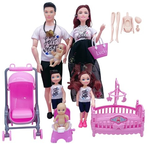 DAGLLGEW Family Doll Set of 6 Movable Joint Pregnant Doll with Baby in Tummy, Dad and 4 Kids for Education and Dollhouse Accessories Baby Toys Family Set