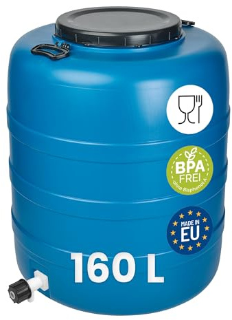 Garronda Bidón de Agua 160 L con Grifo Barril HDPE GD-0186 Azul | Con grifo para servir agua; depósito HDPE para agua y alimentos, almacenamiento, fermentación y recogida de lluvia