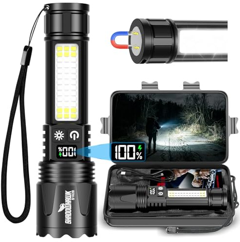 Shadowhawk Super Bright LED Torch Rechargeable with COB Light & Magnetic | Super Bright Flashlight with 7 Modes, LCD Display, USB C+A Charging for Camping, Dog Walking, Emergency and Car Repair