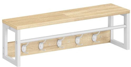 HOOBRO Perchero de Pared con Estante, Perchero Flotante con Barra y 5 Ganchos, Estante Colgante para Paraguas, Sombreros, para Entrada, Pasillo, Sala de Estar, Blanco y Natural EWN78YM