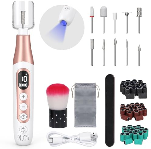 PELCAS Elektrische Nagelfräser 10 Geschwindigkeiten UV Licht Schnurloser | Nagelbohrer Professionell Nagelschleifer mit Bildschirm Tragbar Maniküre Set für Mensch Haustier Dicke Natürliche/Acryl Nägel