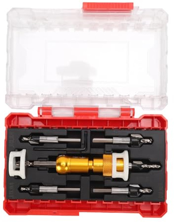 Glomora Juego de 7 brocas avellanadoras con tope de profundidad y vástago hexagonal de 1/4 para tornillos de madera, incluye 5 puntas centrales de 1/8 9/64 5/32 11/64 3/16