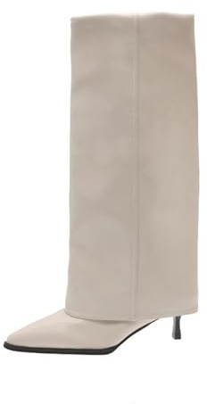Stivali da donna al ginocchio con risvolto Pantaloni Stivali Tacco alto a punta Tacco Alto Inverno, Beige, 37.5 EU