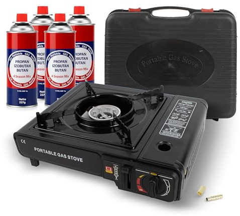 Hornillo Portátil de Gas para Camping, Cocina + 4 Cartucho de Gas Butano - Estufa Compacta para Acampada, Picnic y Senderismo para Exterior Compatible con Cartuchos de Gas Butano y y Bombona de Gas