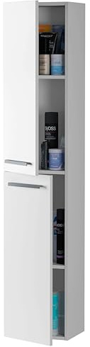 Colonna da bagno sospesa Miroyengo in bianco lucido con maniglie e 2 ante, design moderno, 30x25x150 cm