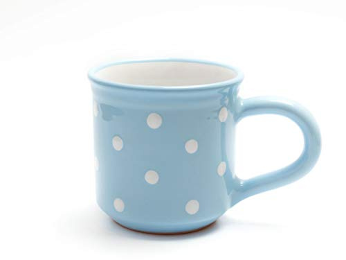 UNGARNIKAT Keramikbecher 350ml – Handgemachte Kakaotasse/Frühstücksbecher helllbau mit weißen Punkten – Becher für Kaffee, Cappuccino, Tee – Vintage Landhausstil – spülmaschinengeeignet