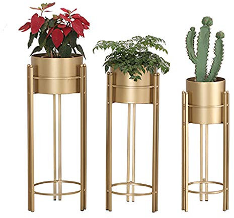 YFF-Flower Stand Pflanzenständer Set - 3-teiliges modernes Pflanzgefäß mit hohem Metallständer - dekorativer stehender Blumentopf-Halter Indoor Outdoor Garden Patio Home Decor (Gold)