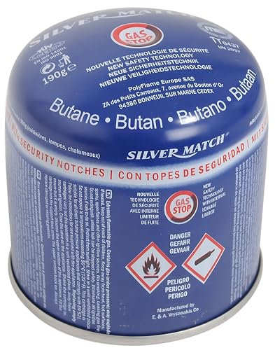 SILVER MATCH Cartouche de Gaz Perçable 190 G, Sécurité GAS LOCK, Gaz Butane Premium Pur, Idéal pour Cuisine, Chalumeau, Cuisinière, Réchaud, Camping, Bricolage, Lampe à Souder, Survie, 40673530