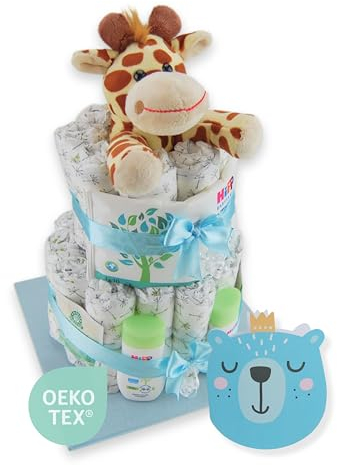 Windeltorte ® – Giraffe Gross | Windeltorte in Blau - Rosa & Neutral - LILLYDOO Windeln | Geschenk zur Geburt | Taufgeschenk | Babyparty – handgefertigtes Geschenk (Blau/Junge) 2-stöckig