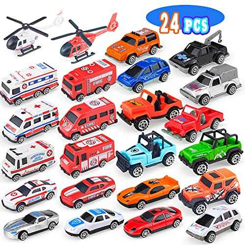 Tcvents 24 Pack Mini Car Toys for Toddlers 1-3, Toy Cars Bulk Goodie Bags Fillers Party Favors for Kids 3-5, Play Truck Car Toys Fire Trucks Ambulance Police Helicopter Toy Birthday Gift