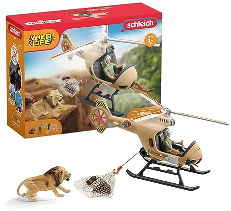 SCHLEICH WILD Life 42476 Helikopter Tierrettung Tiere Spielset mit Löwen- und Nilpferdfigur - Robustes, Pädagogisches 8-Teiliges Tiere Figuren Set für Fantasievolles Spiel ab 3