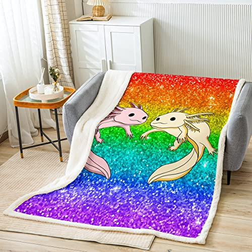 Axolotl Sherpa Decke für Kinder 150 x 200 cm Regenbogen Ombre Glitzer Überwurfdecke für Mädchen Jungen Teenager Erwachsene Galaxy Twinkle Fleece Decke Aquatic Reptile Axolotl Plüsch Bettdecke bunt