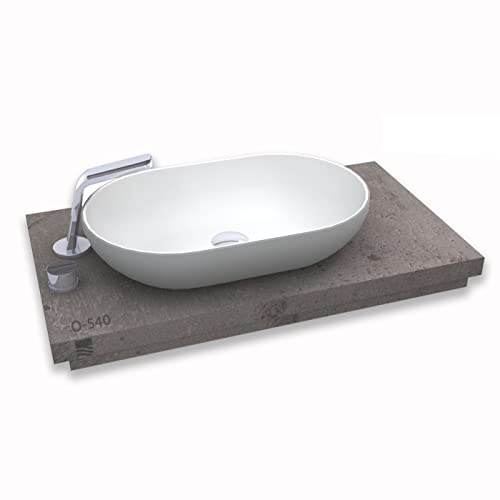 Aufsatzwaschbecken aus Mineralguss Solid Stone – Edle grau/weiße Optik, ovale Form, 54 x 34 x 12 cm – Glatte Oberfläche, inkl. Pop-Up-Ablaufventil – Waschtisch mit Blende