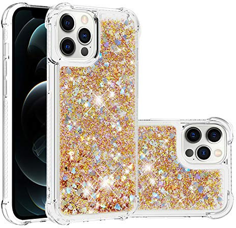 IMIRST Silicone Phone Case for Apple iPhone 12 Pro Max, Corner Airbag Fall Protection Bling Glitter Quicksand Liquid Sparkle TPU Case Cover for Apple iPhone 12 Pro Max. YBW Love Gold
