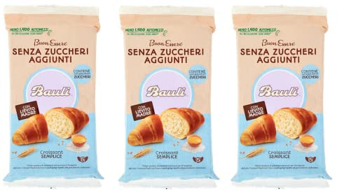 3 x Bauli Cornetti Croissant Semplice Senza Zuccheri Aggiunti con Lievito Madre Croissant sin azúcar añadido con levadura Pack de 185 g, cada paquete contiene 5 croissants de 37 g