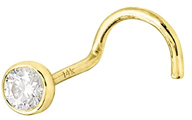 Jewelry Avalanche Solid 14Kt Yellow Gold Bezel Set 2.5MM Moissanite Nose Screw Stud - 22G Cork-screw Nose Stud - April Birthstone Nose Ring Stud-NSBZ-MNT25YG