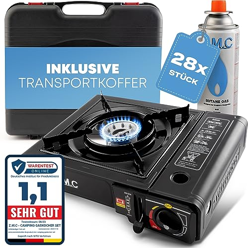 Z.M.C Gaskocher 1-flammig inkl. Adapter für LPG + Aufbewahrungskoffer + 28 Gaskartuschen 227g, Campingkocher für Outdoor und Innenraum, Campinggaskocher 2,2 kW mit Piezozündung