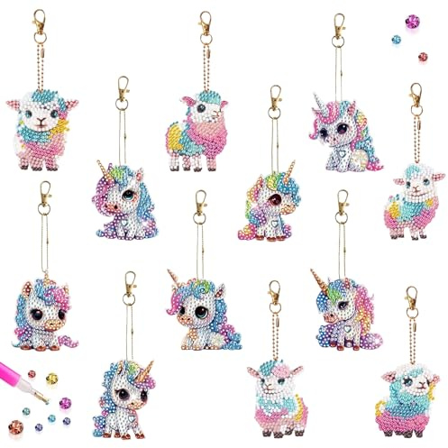 DNWFZ Diamond Painting Anhänger 12 Stück 5D Diamond Painting Schlüsselanhänger Kinder Erwachsene DIY Malerei Stickerei Diamant Einhorn Painting Anhänger Art Lamm Handtasche Schlüssel Craft Kits
