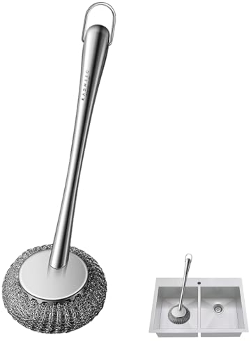 Depurador de Acero Inoxidable - Mango Largo y Estropajo Antideslizante para vajillas - Herramientas de Limpieza del hogar para sartenes antiadherentes, ollas de Hierro, Platos, fregaderos