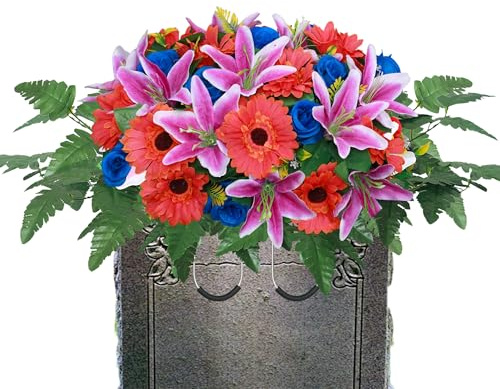 Lodou Cemetery Flower Saddles for Grave,Artificial Silk Flower Arrangement for Headstones, Artificial Cemetery Flowers, Outdoor Grave Decorations (1, Blue & Purple & red)