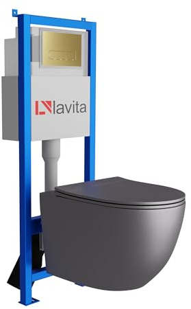 Lavita LAV 101 Vorwandelement für WC 40cm + Wand Hänge Tiefspül WC SINTO Grau Spülrandlos + Bedienplatte LAV 200.3.5 Gold | Komplettset | Unterputz Spülkasten | Toilette Komplett Sett