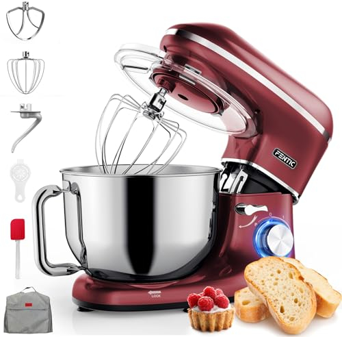 Fentic Robot Pâtissier – 2000W – Bol mélangeur en acier inoxydable (6,2L) – Avec fouet, Crochet pétrisseur et Batteur plat – Incl. et accessoires supplémentaires (Rouge)