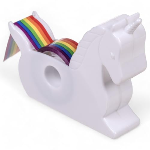 MIJOMA Dispenser per nastro adesivo con unicorno - Magico aiuto da ufficio con nastro arcobaleno, plastica bianca, ideale per confezioni regalo e lavori creativi, 10 x 9 x 3 cm