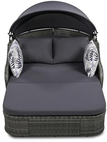 (en:79.9 Outdoor Sunbed with Adjustable Canopy, Double Lounge, PE Rattan Daybed, Gray Wicker and Cushion for Gargen Park Outdoor Summer Gray As Shown)