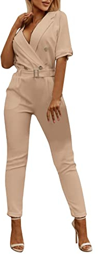 Combinaison Femme Pantalon De Bureau Professionnelle à Double Boutonnage Couleur Unie Col De Costume Manches Courtes Ample DéContractéE Avec Ceinture SoiréE Overalls Rompers Chic Slim Taille Haute