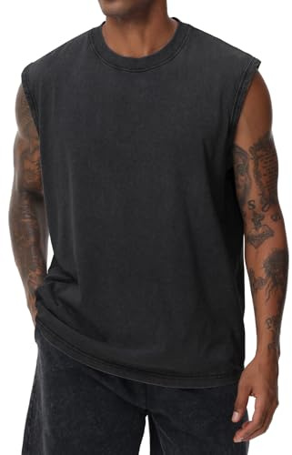 Herren Kurzarm Sommer Ärmelloses Shirt, Männer Fitness ärmellos Weste, Washed Sleeveless t-Shirt, Workout, Fitnessstudio, Baumwolle