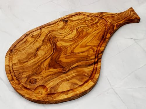 DAGDEG Planche à découper en bois d'olivier avec rainure à jus, planche à petit-déjeuner, planche à fromage, planche à pain, env. 35-38 cm de long, 20-22 cm de large, fabriquée à la main