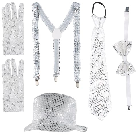Glitzer Outfit Herren Set mit Hosenträger, Fliege, Krawatte, Handschuhe und Pailletten Kostüm in Silber für Fasching Party Dance Performance