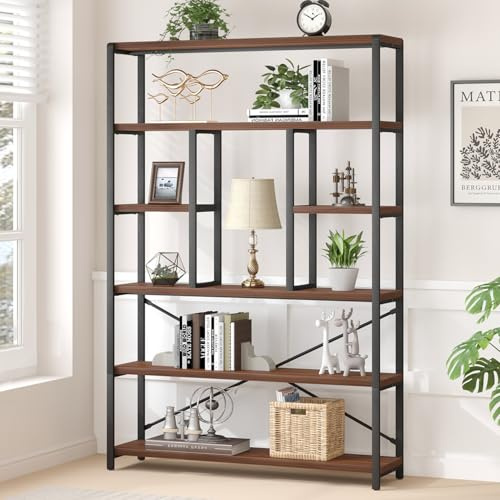 LVB Bibliothèque haute à 6 niveaux, en bois et métal, bibliothèques et étagères pour livres, 6 niveaux, industrielle grande et spacieuse, étagère Etagere pour salon, vintage rustique, grande