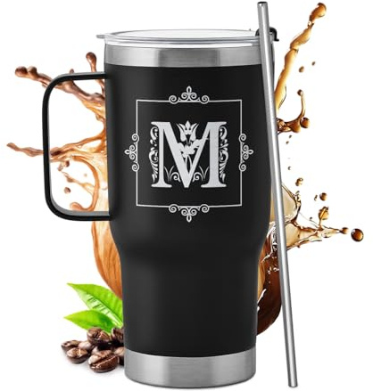 Maverton Mug Isotherme Personnalisé Noir 600 ml en Inox | Avec Paille Brosse de Nettoyage et Boîte, Chaud 6h/Froid 10h, Cadeau Anniversaire Homme Femme Couple, Mariage, Noel