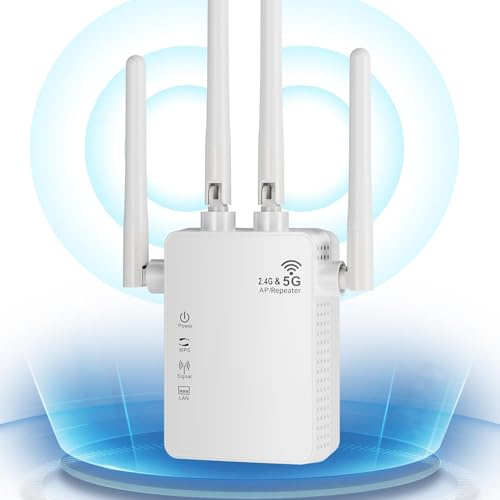 JICICUXI WLAN Repeater, Dualband 2.4GHz+5GHz, 1200Mbit/s, 360° WiFi, Access Point-Modus, RJ45, Kompatibel mit 99% Standard-WiFi Routern (weiß)