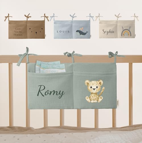 Personalisierte Babybett Aufbewahrungstasche aus 100% Baumwolle Musselin, für das Beistellbett, Babybett, Kinderbett. Ideal zum Verstauen von Windeln, Schnullern