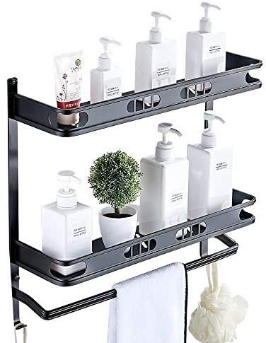 Panier de Rangement de Panier de Douche épaississant en Aluminium avec Barre à Serviettes et Crochets matériel Pendentif Salle de Bain Double étagères Espace Porte-Serviettes en Aluminium Noir