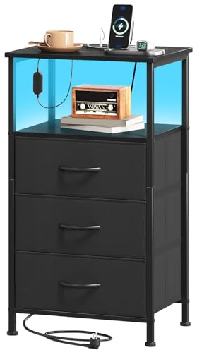 Somdot 3 Drawers Chest of Drawers for Bedroom with Charging Station and LED Light, Bedside Table with 2 Outlets and 2 USB Ports, Bed Side Table Cabinet for Dorm Kids Room Closet, Black