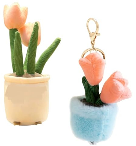 Simmpu Pink Tulip Plush Toy and Keychain Set, Tulip Plushie Plant, Soft Plush Tulips Pot, Pink Stuffed Doll Keychain, Cute Plushes Cactus Keychain, for Kids Boys Girls Christmas Birthday Gifts