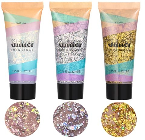 3 Stück Body Glitter Gel, Chunky Body Lotion Glitzer Flüssiger Lidschatten, Meerjungfrau Pailletten Funkelnde für Gesicht Haare Lippen Nägel Make Up, Festival Zubehör Körperglitzer Gold Silber Weiß