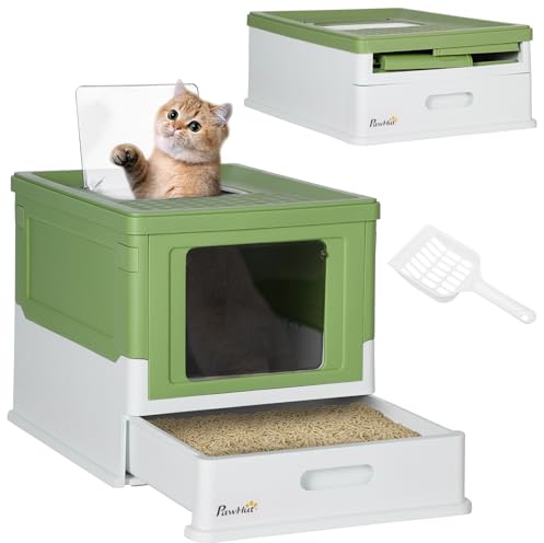 PawHut Lettiera per Gatti Chiusa Pieghevole 47.5x35.5x36.7 cm Verde Chiaro | PP, Paletta Inclusa, Cassetta Igienica per Gatto, Vassoio Estraibile, 2 Porte