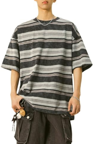Maglietta da Uomo Y2K a Righe Larga Alt Emo Estiva Girocollo Manica Corta Streetwear Top Harajuku Grunge Estetica Tees, Grigio, M