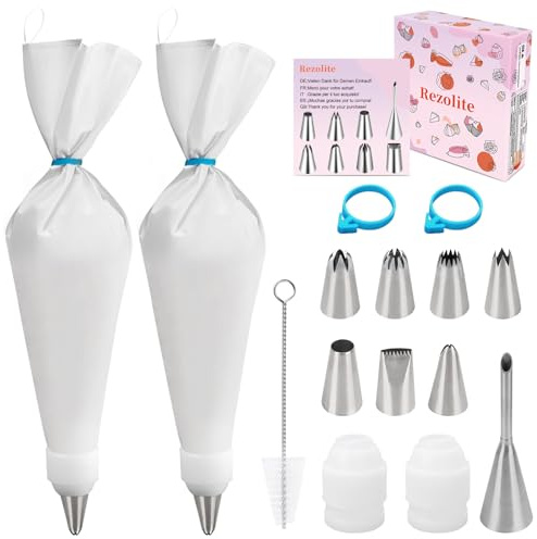 Rezolite Spritzbeutel – Spritzbeutel Mit Tüllen, 15-Teilig Spritztüllen Set mit 2 Stücke Spritzbeutels Wiederverwendbar（30CM+35CM）und 8 Edelstahl Spritztüllen, Zubehör für Torten und Backen