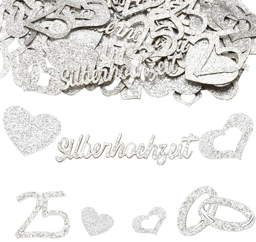Whimzey Doppelseitige Glitzer Silberhochzeit Deko Konfetti Groß 1,4-6,5cm,100 Stk Deko Silberhochzeit 25 Jubiläum,Silber Hochzeit Streudeko mit Nummer 25,Herz,Ringe,25. Hochzeitstag Tischdeko Geschenk