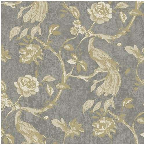 YöL Paradise Birds Charcoal Vinyl Wallpaper - Scrubbable Paste The Wall - 10.05m x 53cm Roll - Bedroom Living Room Dinning Room - Sophisticated Versatile Contemporary - Feature Statement Wall