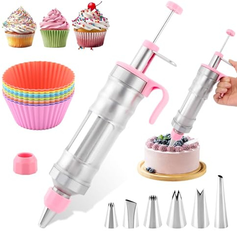 Dessert Decorating Syring-e Set Icing Piping Kit, Cream Gu-n Piping Tip Set with 6 Stainless Steel Nozzles & 9 Silicone Muffin Cups, Icing Decorating Tool for Cakes Cupcakes(COLOR:Pink)