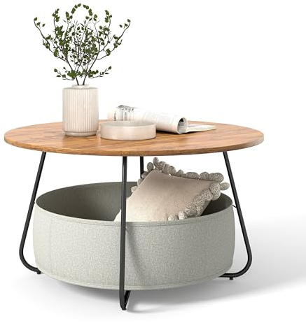 Manora Couchtisch Rund Braun mit Stoffkorb & Stauraum,Runder Wohnzimmertisch mit Korb,Moderner Sofatisch mit Metallrahmen, Beistelltisch für Wohnzimmer