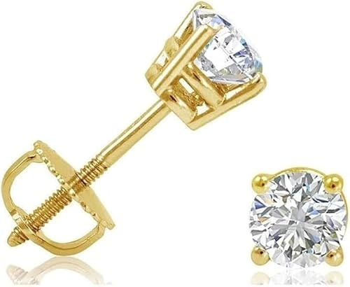 Diamond Store 1/2 Ct Round Diamond Stud Earrings | 14K Yellow Gold Screw Back Basket Setting Solitaire Earrings for Women | Regular Festive Party Use