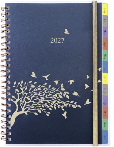 Agenda 2027 Semana Vista A5 Espiral, Planificador con Pestañas Mensuales, Páginas para Notas y Contacto, Cierre Elástico, Bolsillo Trasero, Enero-Diciembre 2027